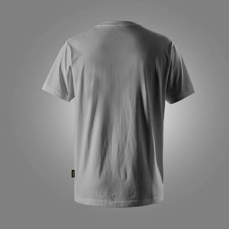 Back view of a plain white short-sleeve T-shirt against a gray gradient background.