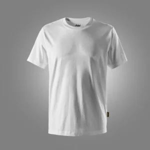 Plain white crew-neck T-shirt displayed on a neutral gray background, front view.