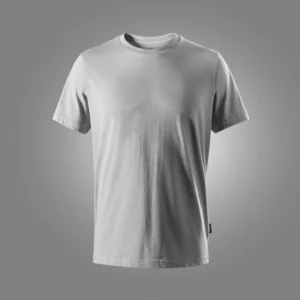 White short-sleeve crew-neck T-shirt on a gray studio background, shown from the front (blank/logo-free).