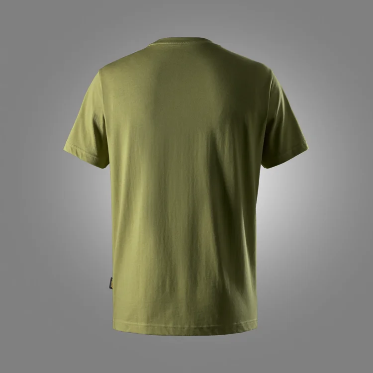 Back view of an olive-green T-shirt hanging or laid flat, short sleeves, plain design, no visible logos.