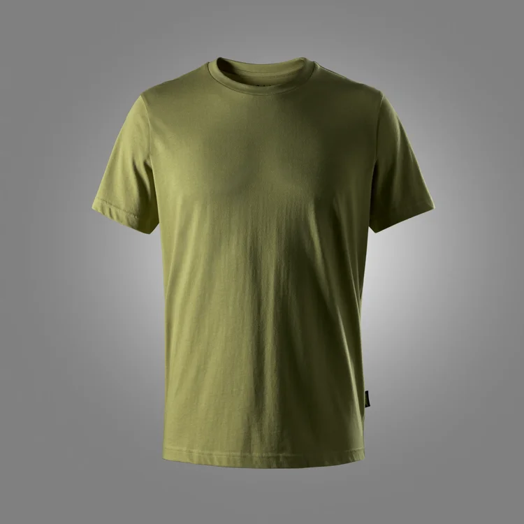 Olive green crew-neck T-shirt displayed on a neutral gray background.