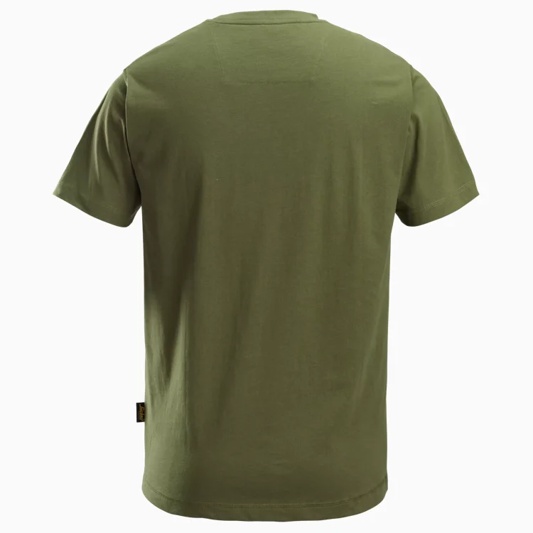 Back view of an olive green short-sleeve T-shirt with no visible logos or text on the back