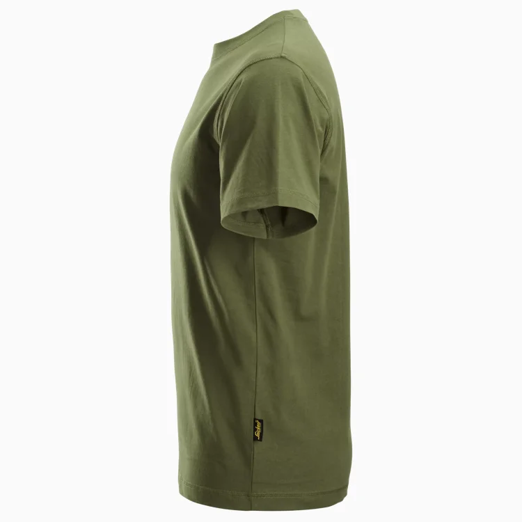 Olive green short-sleeve T-shirt shown in a side view with a simple, plain design