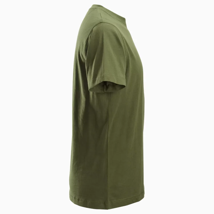 Side view of an olive green short-sleeve T-shirt viewed from the left.
