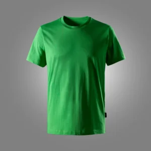 Green basic short-sleeve t-shirt on a gray background (product photo)
