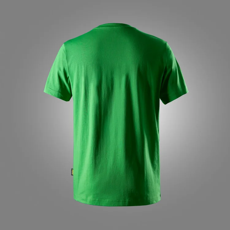 Back view of a bright green short-sleeve T-shirt on a gray gradient backdrop.