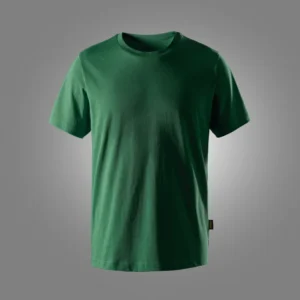 Green short-sleeve T-shirt on a gray backdrop, front view for product display