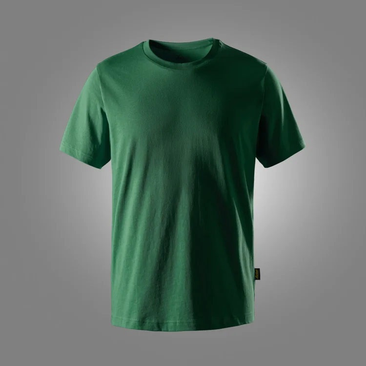 Green short-sleeve T-shirt on a gray backdrop, front view for product display