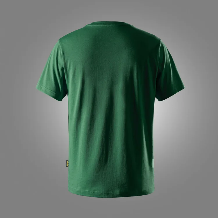 Back view of a plain green T-shirt against a gray background, no visible branding or logos.