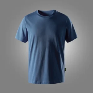 Blue short-sleeve T-shirt against a gray studio backdrop, product image