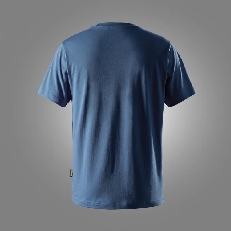 Back view of a plain blue t-shirt against a gray gradient background