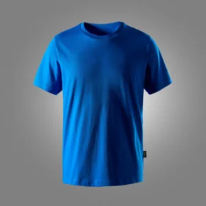 Blue plain t-shirt on a gray backdrop, short sleeves and crew neck, no visible logos or text, product photo style.