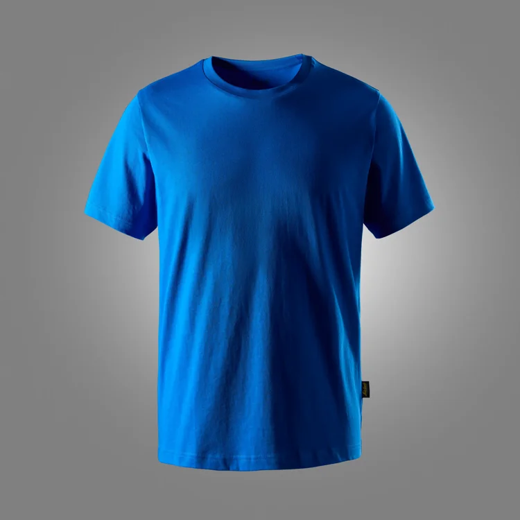 Blue plain t-shirt on a gray backdrop, short sleeves and crew neck, no visible logos or text, product photo style.