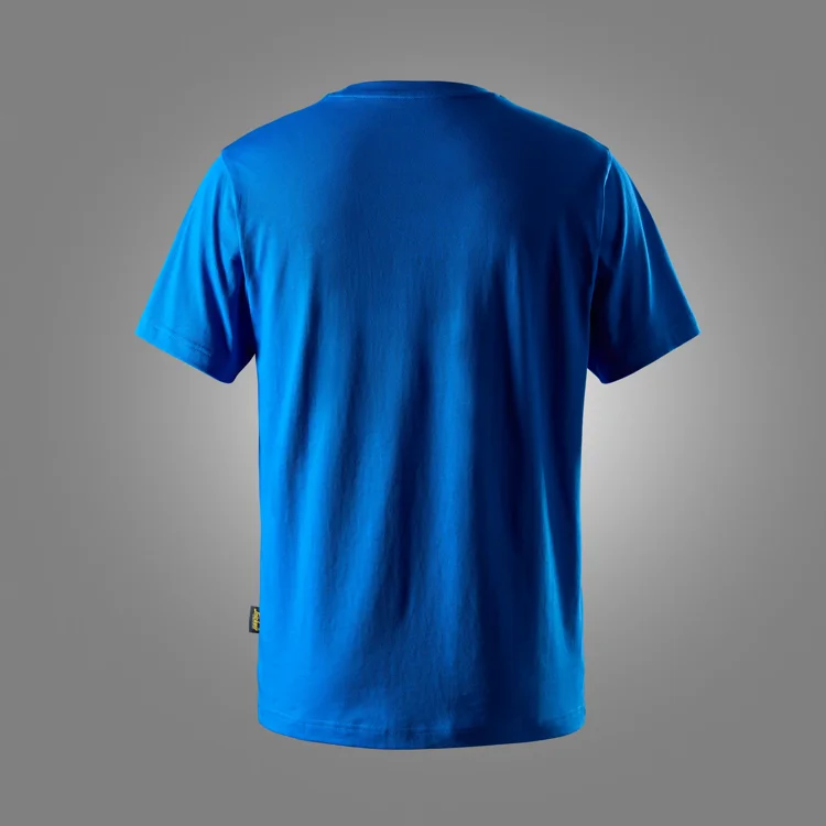 Back view of a solid blue short-sleeve T-shirt against a gray gradient backdrop.