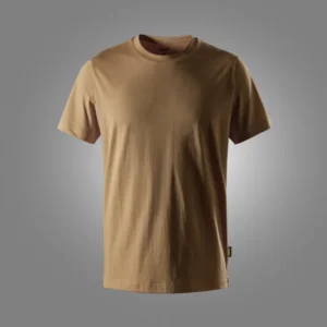 Beige crew-neck short-sleeve t-shirt on a neutral gray backdrop, simple and plain design