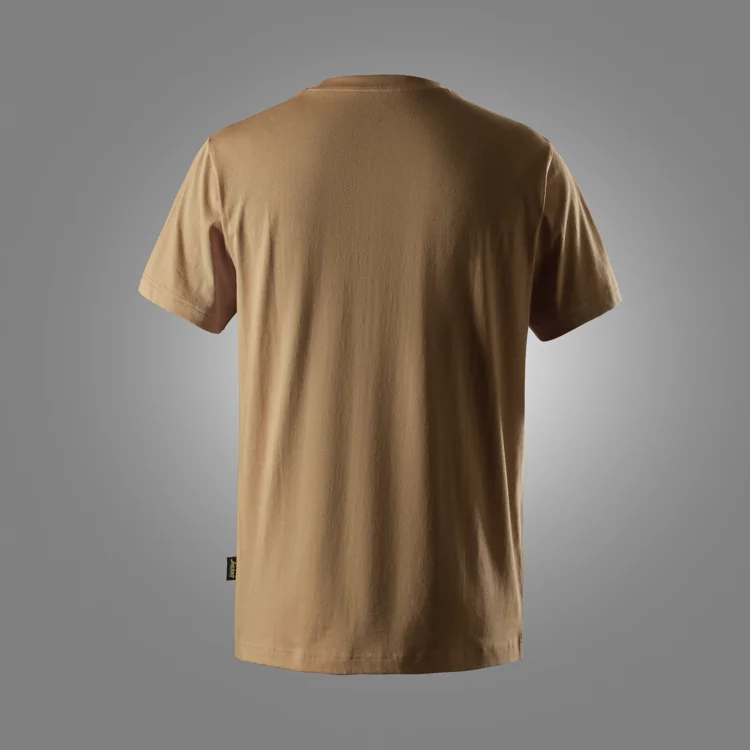Back view of a plain beige short-sleeve T-shirt on a gray background.