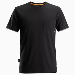 Black short-sleeve t-shirt with a left-chest pocket and crew neck.