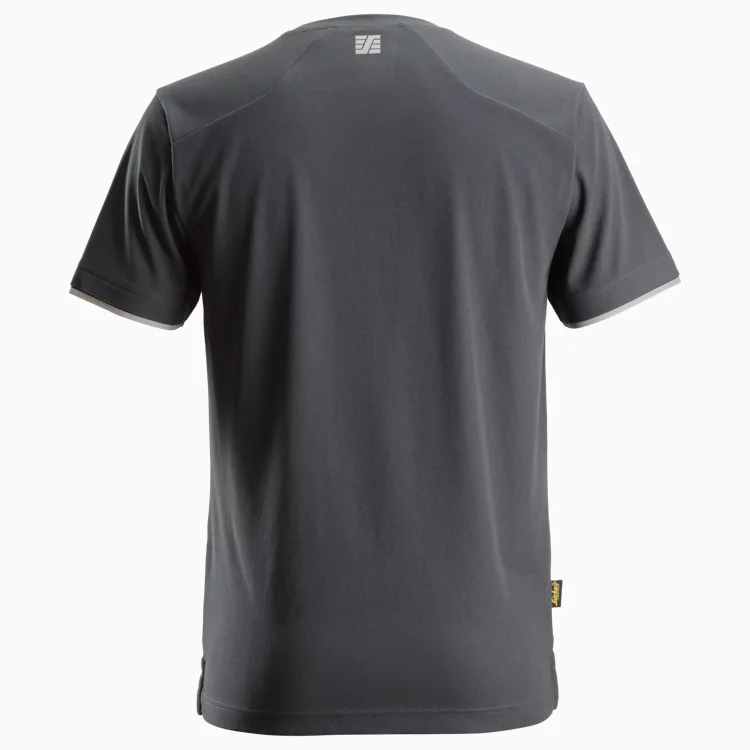 Back view of a dark gray short-sleeve T-shirt with a small logo near the upper back/ collar area.