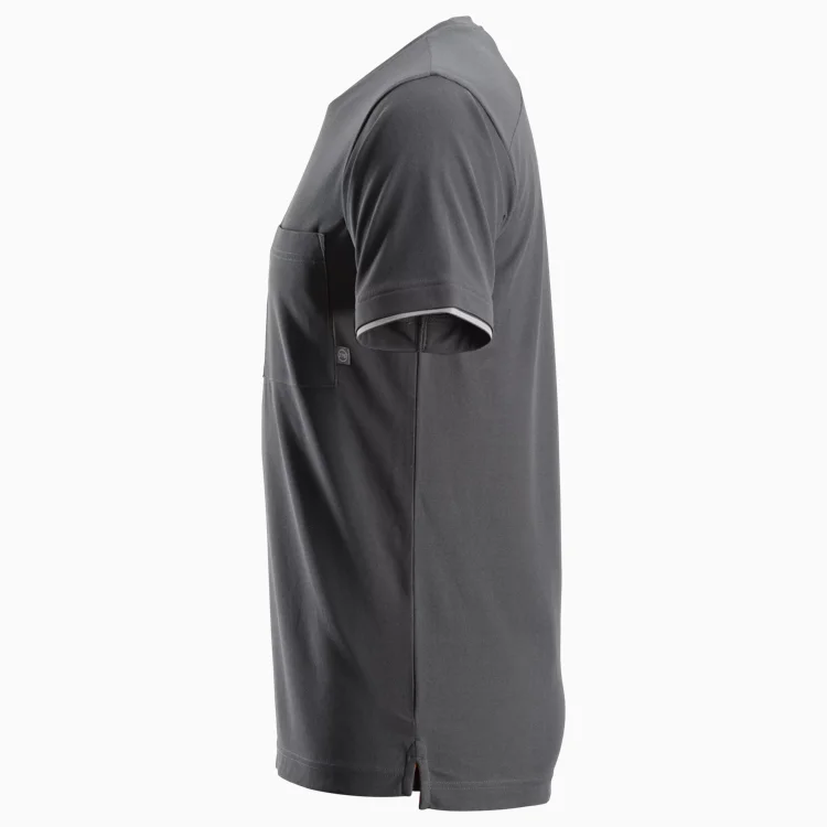 Side view of a charcoal gray short-sleeve T-shirt with a chest pocket.