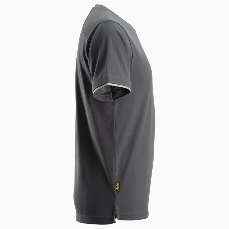 Side view of a charcoal gray short-sleeve T-shirt with light trim on the sleeves and a small yellow tag at the hem.