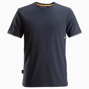 Navy blue short-sleeve T-shirt with a chest pocket on the left side, crew neck style.