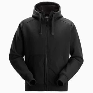 Black zip-up hoodie with a hood, drawstrings, and front pockets.