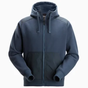 Navy blue zip-up hoodie with a front kangaroo pocket, hood, and contrast darker chest panels.