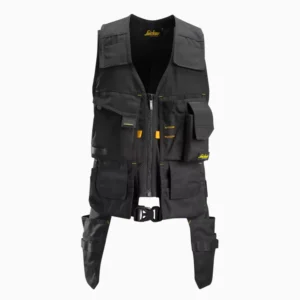 Black tactical utility vest with multiple pockets, zippers, and adjustable waist straps.