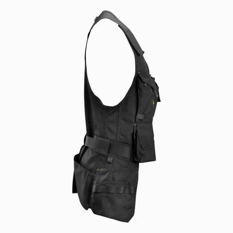 Black tactical vest with multiple front pockets and a mesh back panel for ventilation, designed for gear storage.