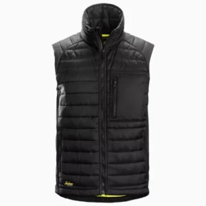 Black quilted puffer vest with a high stand-up collar, front zip, and zip chest pocket for everyday layering.