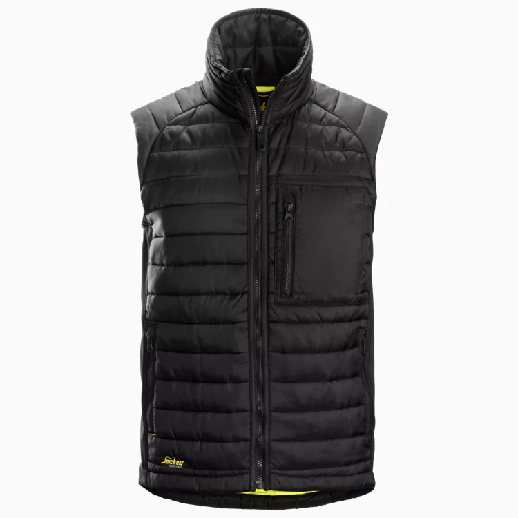 Black quilted puffer vest with a high stand-up collar, front zip, and zip chest pocket for everyday layering.