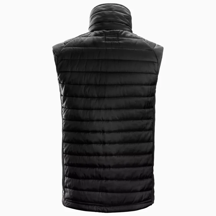 Black quilted sleeveless puffer vest with a standing collar, viewed from the back.