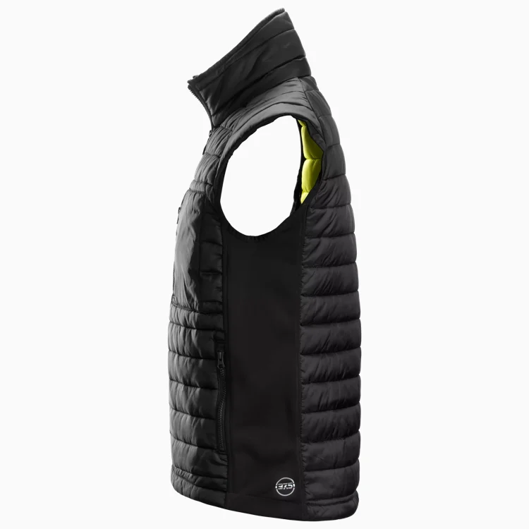Black sleeveless puffer vest with a high collar, front zipper, and neon yellow lining visible at the armholes.