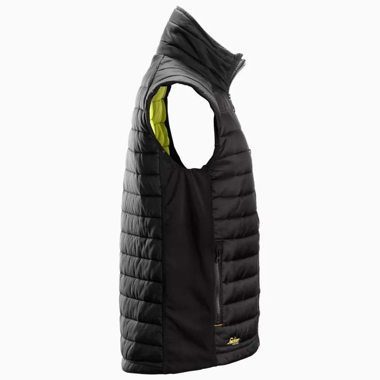 Black quilted sleeveless vest with lime-green interior lining and a front zip pocket panel visible on the right side.