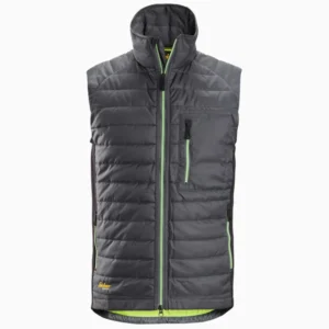 Grey quilted puffer vest with neon green zippers and high collar, front view showing chest pocket zipper detail.