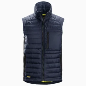 Navy blue quilted sleeveless puffer vest with front zipper and chest zip pocket.