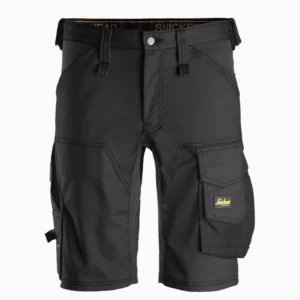 Dark gray cargo shorts with multiple pockets and a yellow logo patch on the right cargo pocket.