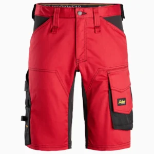Red and black cargo shorts with belt loops, front view, multiple pockets including a right-side cargo pocket with patch