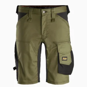 Olive green cargo shorts with black side panels and a large flap pocket on the right leg, shown from the front.