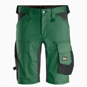 Green cargo shorts with black side panels and multiple pockets, including a right-flap cargo pocket.