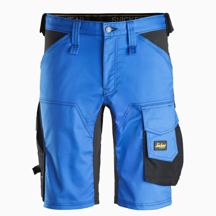 Blue and black cargo shorts with multiple pockets including a front and right-leg pocket and belt loops for outdoor wear