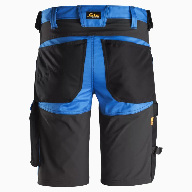 Blue and black cargo work shorts with large back pockets, knee-length, featuring multiple utility pockets and a blue waistband; brand label reads 'Stucker Workwear' at the back.