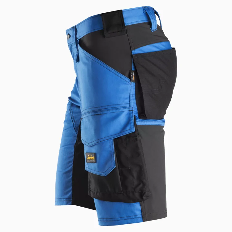 Blue and black cargo shorts with multiple pockets (side view) for workwear utility