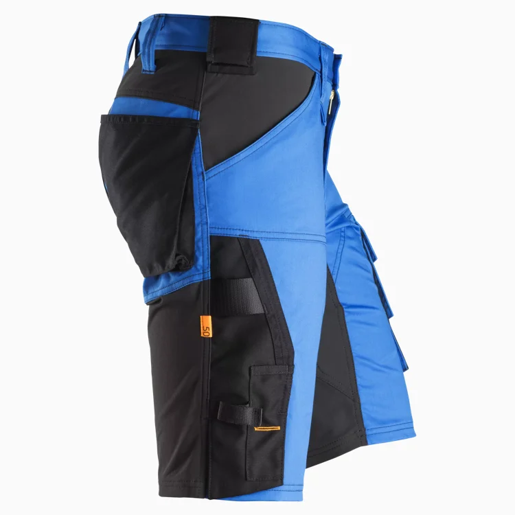 Blue and black cargo shorts shown from the side, featuring multiple pockets and orange accents for a rugged workwear look.