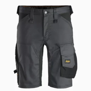 Gray cargo shorts with multiple pockets and loop belt, knee-length, front and side pockets for utility storage