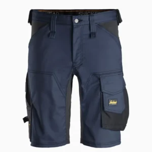 Navy blue cargo shorts with multiple pockets and black side panels, featuring a Snickers patch on the right cargo pocket.