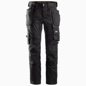 Black cargo work pants with multiple pockets and reinforced knees, front view.