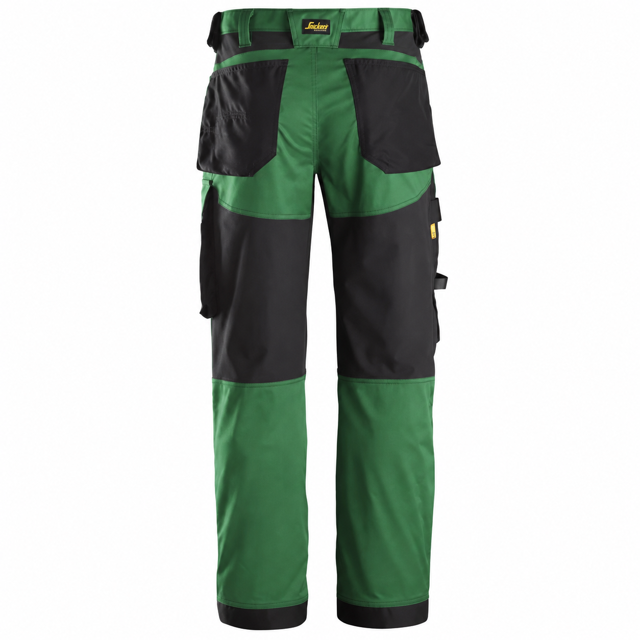 Two-tone green and black cargo work pants with multiple pockets and belt loops, designed for durability and utility.