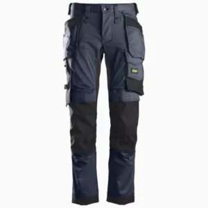 Dark blue and black cargo work pants with multiple pockets and reinforced knees, front view