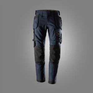 Rugged navy and black cargo hiking pants with multiple side pockets and reinforced knee areas.